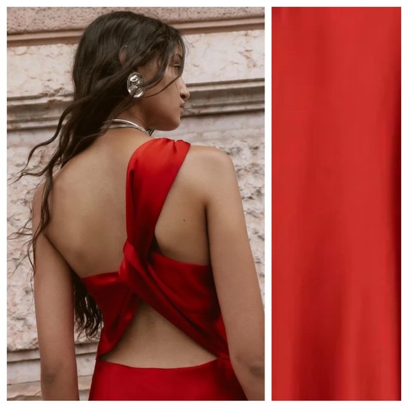 NWT. Zara Red Satin Effect Asymmetric Midi Dress. Size M. - Picture 7 of 13